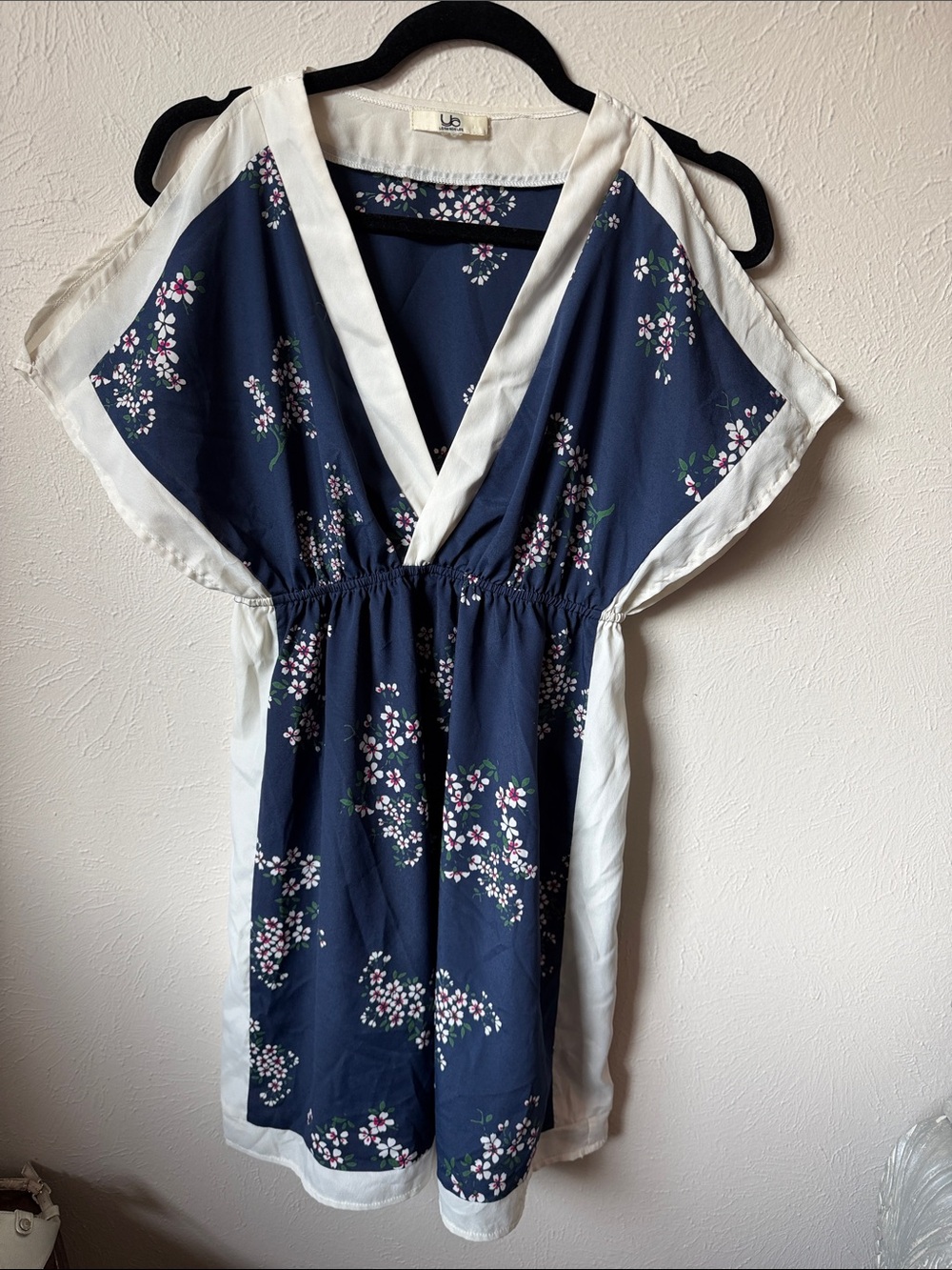 Navy Floral V-Neck Mini Kumono with White Trim